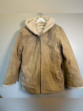 St. John's Bay leather Tan Hooded Shearling-Trim winter Jacket size XL